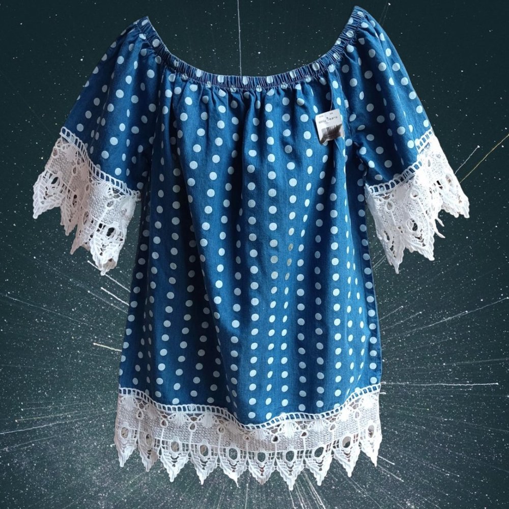 Love by Chesley Women's Tunic Top Mini Dress Off Shoulder Crochet Trim Size M